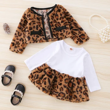0-24 Mesiacov Leopard Dieťa Sady 2 Ks Kojenecká Leopard Tlač Oblečenie Baby Girls Long Sleeve Kolo Krku Šaty + Fuzzy Cardigan