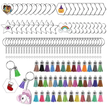 160Pcs Akryl Jasné Kruhu Disky Keychain Ornament Prázdne DIY Hexagon Láska Pentagram Kosti Keychain s Otvorom Strapce Skok Krúžky