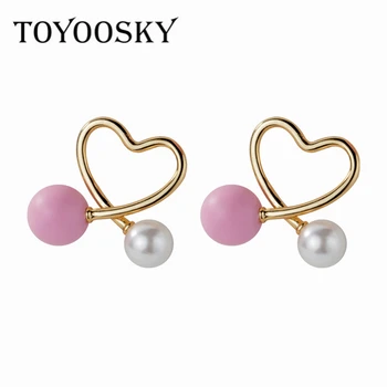 2019 Nové Módne Cez Tvar Love Pink Stud Náušnice S Shell Perly Pre Ženy Geometrické Reálne 925 Silver Šperky TOYOOSKY