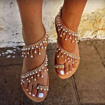 2021 Pearl Ploché Ženy Sandále Módne Topánky Ľahký Non-slip Crystal dámske Letné Dizajnér Bohemia Plážové Sandále