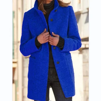 2022 Nové Dvojité Vrecká Teplé Jesenné Zimné Vintage Singel Svojim Topy Coats Ženy Kórejský Elegantné Drážkou Golier Rovno Bundy