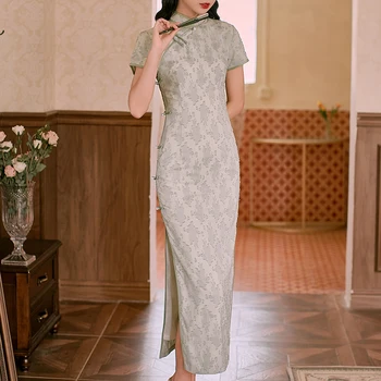 2022 V Lete Elegantný Zelený Mladé Dievča Dlho Cheongsam Šaty Lepšiu Retro Vytlačené Qipao Šaty Žien Módne Večerné Šaty Prom