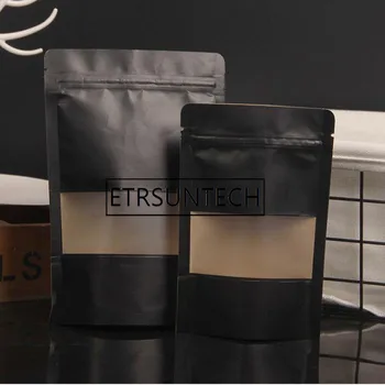 300pcs/veľa Black kraft papier zips postaviť taška potravín v prášku kávy, obaly, tašky s transparentné okno