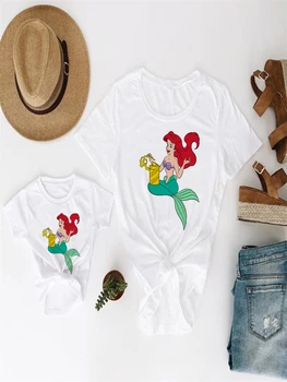 Biela Rodič Dieťaťa Oblečenie Malá Morská Víla Série T-Shirt Moderné Topy Oblečenie Disney Módne Rodiny Vzhľad Tričko Tee Harajuku