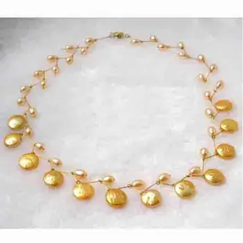 Classck Handwork 5-12 mm Golden Okrúhle Mince Sladkovodné Perlový Náhrdelník,Módne Ženy Pearl Šperky,Nové Doprava Zadarmo