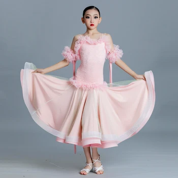 Dievčatá latinské Tanečné Šaty Ružovej Čipky Výkon Šaty Žien Moderné Tanečné Oblečenie Sála Tanečnej Súťaže Tanečný Kostým XS5558