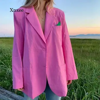 Elegantné Brazer Singel svojim Vrecku Vyhovovali Slim Fit Office Bunda Čisté Bežné Kabát Ženy Jar Y2K Nosenie Rose Ružový Kabát