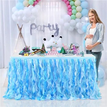 Farebné Modré Kučeravé Willow Ployester Tylu Tabuľka Sukne Svadobné Rozstrapatené Tortu Tabuľka Obchádza Baby Sprcha Podujatia, Party Dekorácie