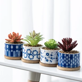 Japonský Blue Keramické Šťavnaté Kvetináč Mini Črepníkové Stôl Nábytok Priamo Kolo Balkón Zelená Výsadba Domov Záhrada