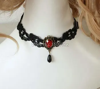 Jednoduché Gotický Červená Drahokamu Black Kúzlo Čipky Tetovanie Náhrdelník pre Ženy, Dospievajúcich Dievčat, Svadobné Doplnky Japonskom Štýle, Šperky