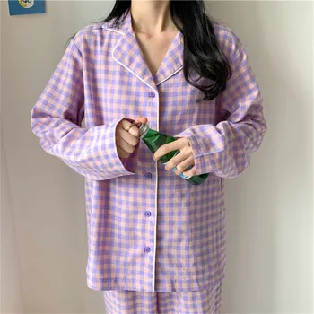 Kórejský Fialová Mriežky Dievčenské Pyžamo Set Roztomilé Zimné Dlhý Rukáv Voľný čas Sleepwear pre Ženy Voľné Odev oblečenie pre voľný čas Oblek