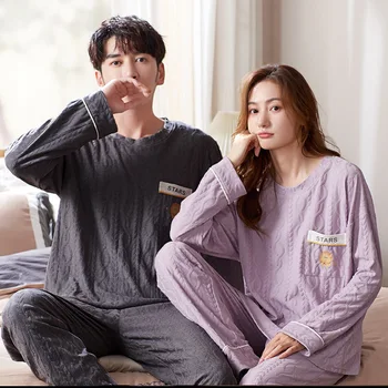 Muži Bavlna Sleepwear Ženy Kórejský Módny Odev Muž Plus Veľkosť Dlho Spí Topy Pyžamo Nastaviť Páry Domáce Oblečenie Homme