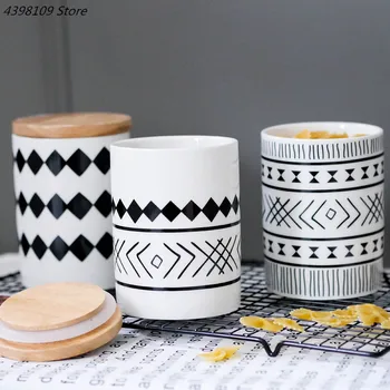 Nordic geometrické zapečatené keramické nádoby s vekom nádrž úložný box kvet, káva, čaj kuchyne potravín candy jar dekorácie