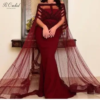 PEORCHID Luxusné Burgundsko Dlhé Večerné Šaty S Cape Dubaj arabčina Korálkové Morská víla Formálne Šaty Žien Elegantné Party Šaty 2020