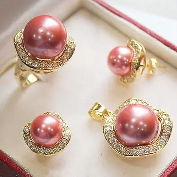 Ružová shell Perlou Šperky, Náhrdelníky Náušnice Prsteň + Zadarmo reťazca nové - sledovať veľkoobchod Quartz stone CZ kryštálmi