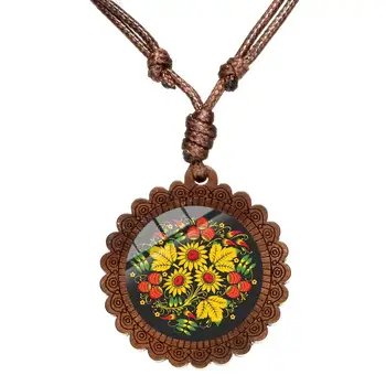SIAN Vintage Kvetinové Kúzlo Drevených Náhrdelník ruské Ľudové Vzory Jemné Sklo Čas Gem Prívesok Ženy, Dievčatá, Elegantné Šperky