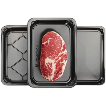 Vákuové Pokožky Zásobník Na Jednorazové Čerstvé Lunch Box Losos Plastové Supermarket Black Bravčové Steak Balenie Box
