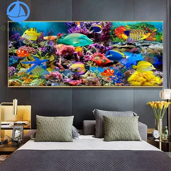 Útes farebné koralové útesy a rýb veľké veľkosť diamantu maľovanie morských krajiny cross stitch mozaiky obývacia izba, spálňa, kúpeľňa decor