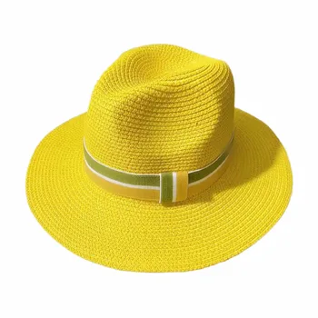 Ženy Žltá Slama Slnko Klobúk Dúhy Pás Slamy Slnko Klasické Pláže Klobúk Široký Okraj Panama Mužov UV ochranný kryt chapeau femme 2021